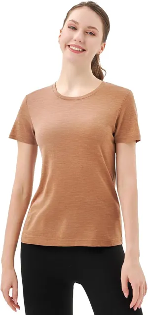 Merino Protect 100% Merino Wool T Shirts Women Crew Neck Tops Short Sleeve Odor Resistance Base Layer Travel Hiking Tee Shirt
