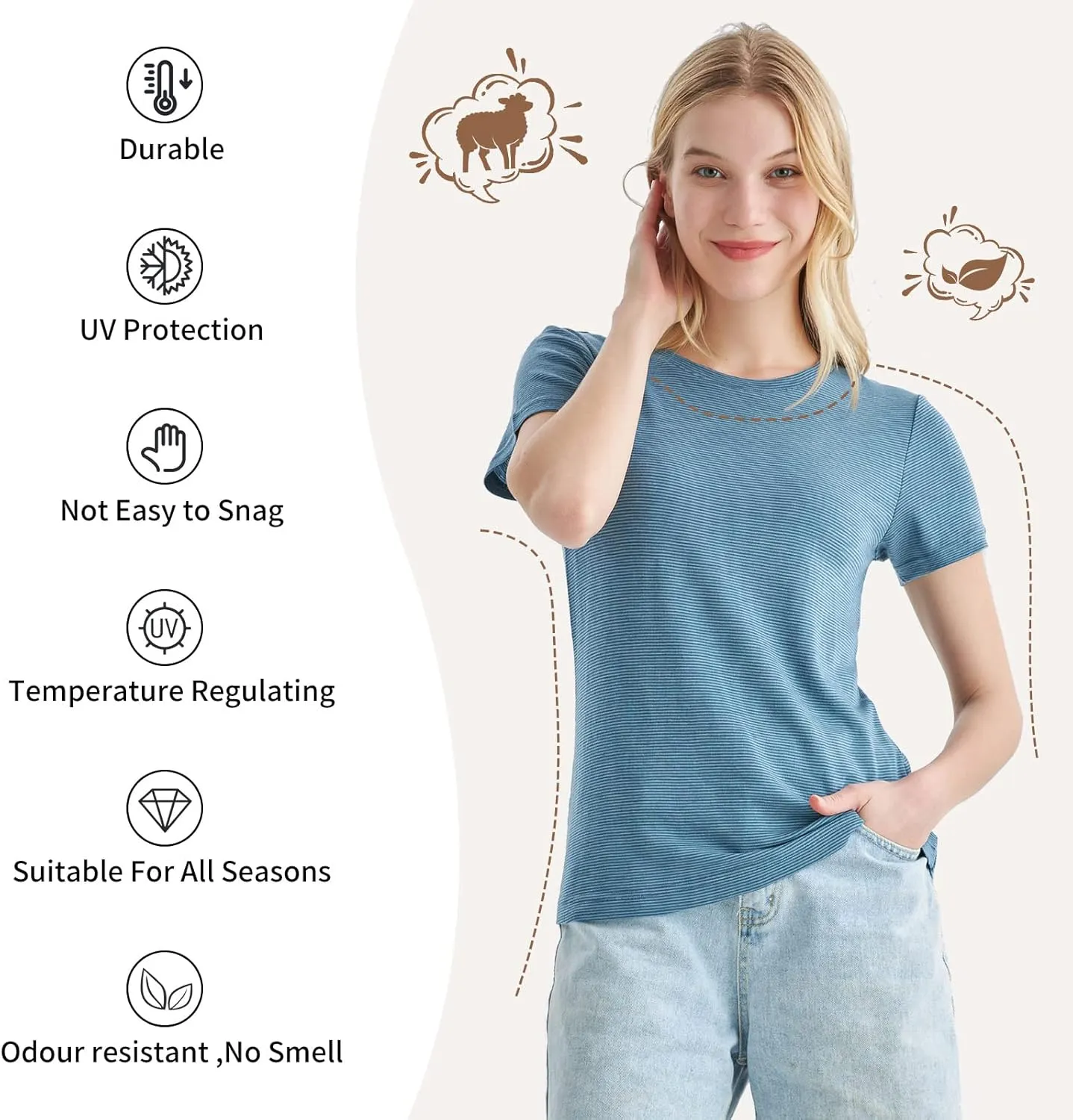 Merino Protect 100% Merino Wool T Shirts Women Crew Neck Tops Short Sleeve Odor Resistance Base Layer Travel Hiking Tee Shirt
