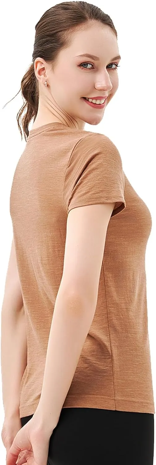 Merino Protect 100% Merino Wool T Shirts Women Crew Neck Tops Short Sleeve Odor Resistance Base Layer Travel Hiking Tee Shirt