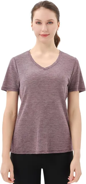 Merino Protect 100% Merino Wool V Neck T-Shirt for Women Short Sleeve Base Layers Odor Resistance Tops for Outdoor Hiking