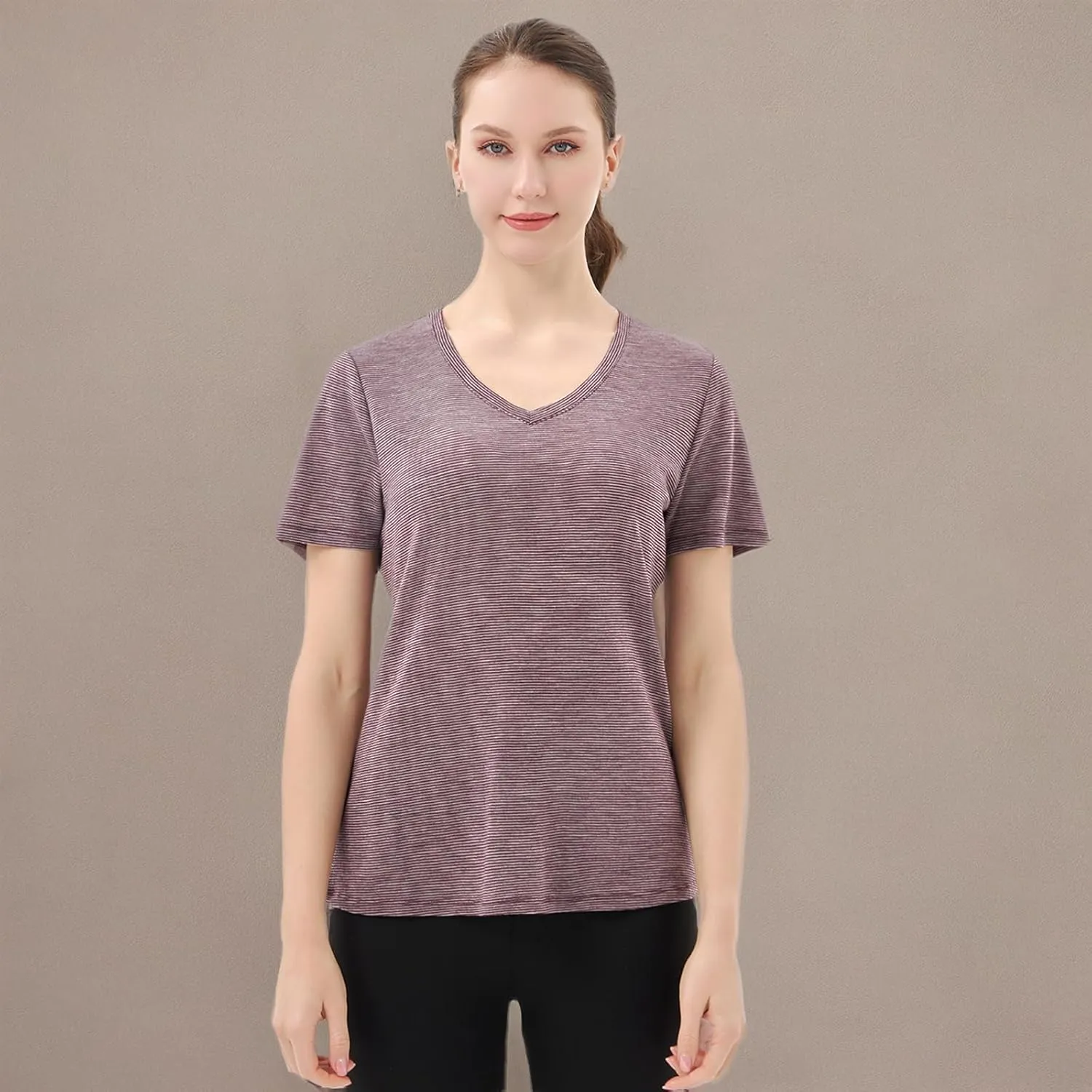 Merino Protect 100% Merino Wool V Neck T-Shirt for Women Short Sleeve Base Layers Odor Resistance Tops for Outdoor Hiking