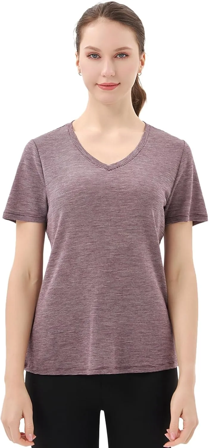 Merino Protect 100% Merino Wool V Neck T-Shirt for Women Short Sleeve Base Layers Odor Resistance Tops for Outdoor Hiking