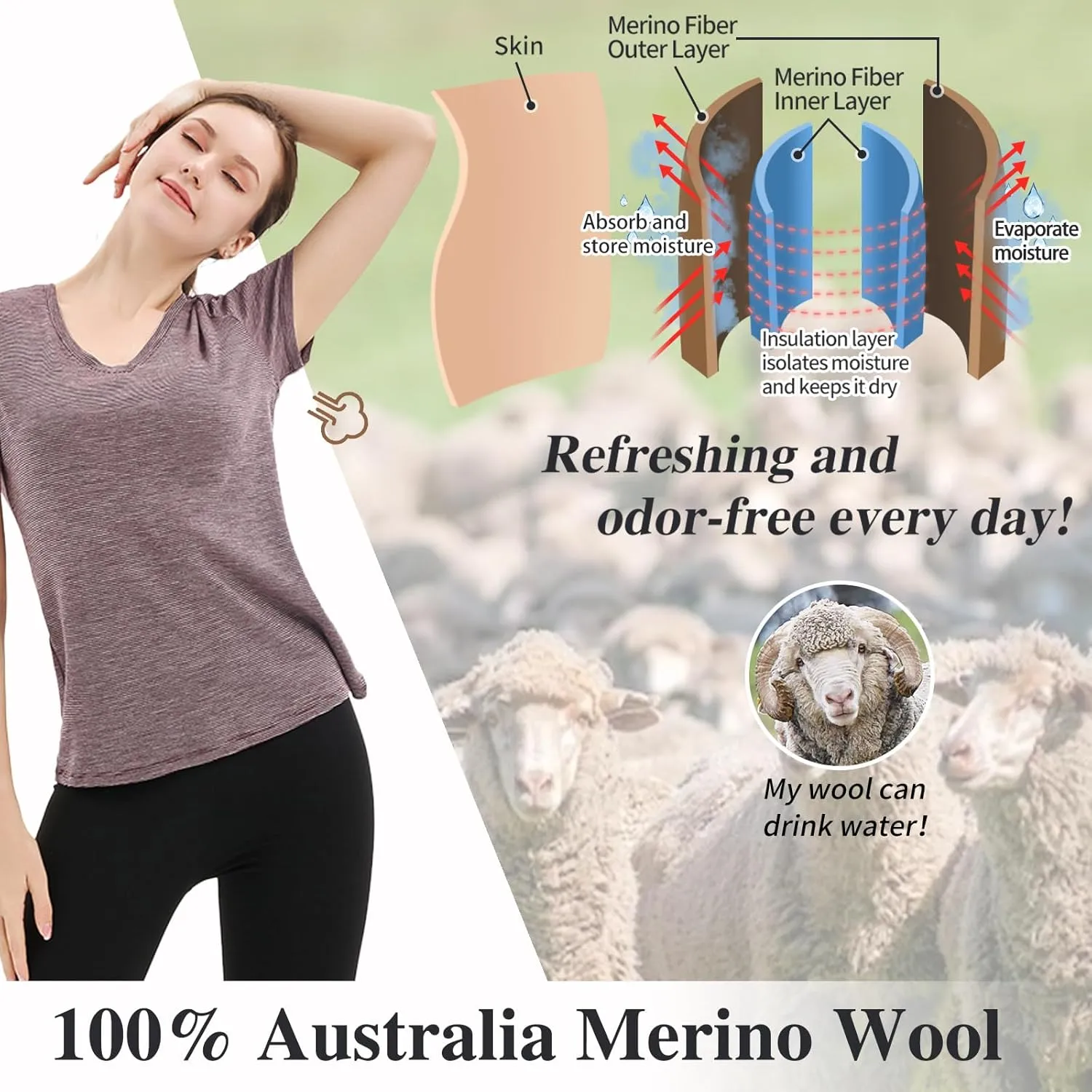 Merino Protect 100% Merino Wool V Neck T-Shirt for Women Short Sleeve Base Layers Odor Resistance Tops for Outdoor Hiking
