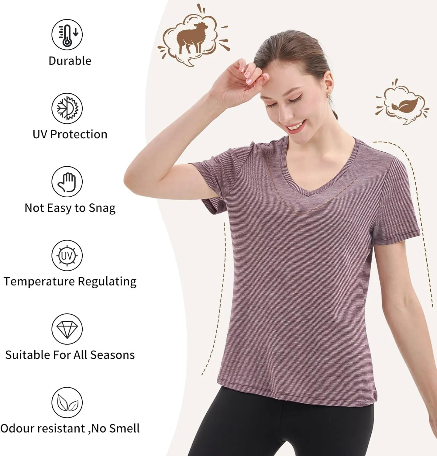Merino Protect 100% Merino Wool V Neck T-Shirt for Women Short Sleeve Base Layers Odor Resistance Tops for Outdoor Hiking