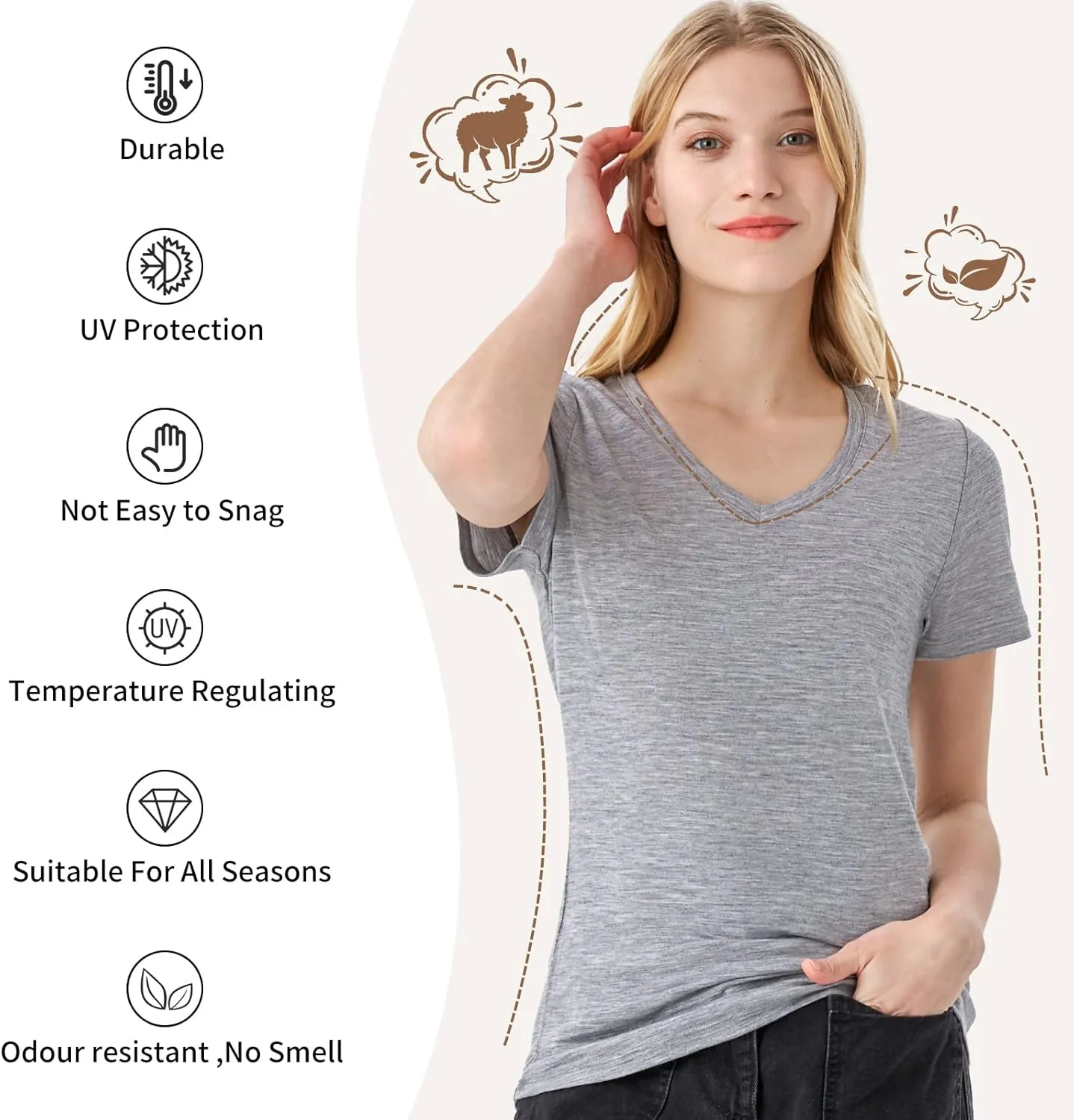 Merino Protect 100% Merino Wool V Neck T-Shirt for Women Short Sleeve Base Layers Odor Resistance Tops for Outdoor Hiking