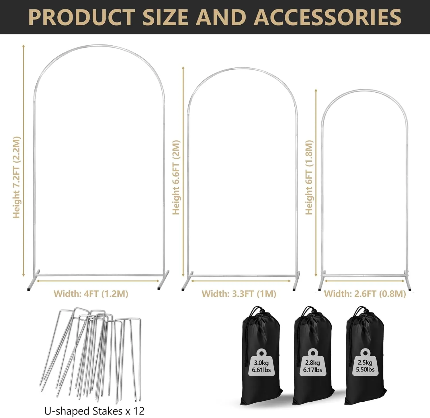 Metal Arch Backdrop Stand Set of 3 Wedding Arches for Ceremony Bridal Arch Stand 7.2FT & 6.6FT & 6FT Garden Arbor Frame for Wedding Birthday Party Baby Shower Background Decor, White