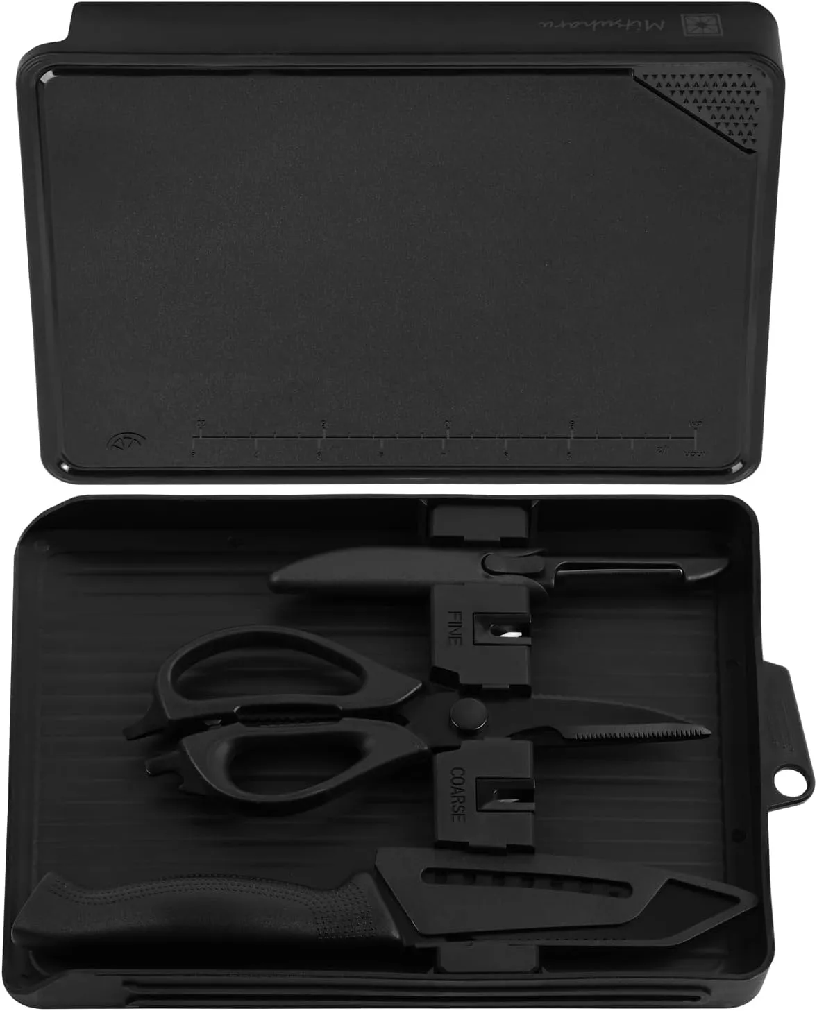 Mitsuharu 5 in 1 Camping Cutting Board Set with Santoku Knife,Separable Shears,Peeler & Slicing Knife and Sharpening Slots,Portable Camper Accessories Kitchen Set, Black