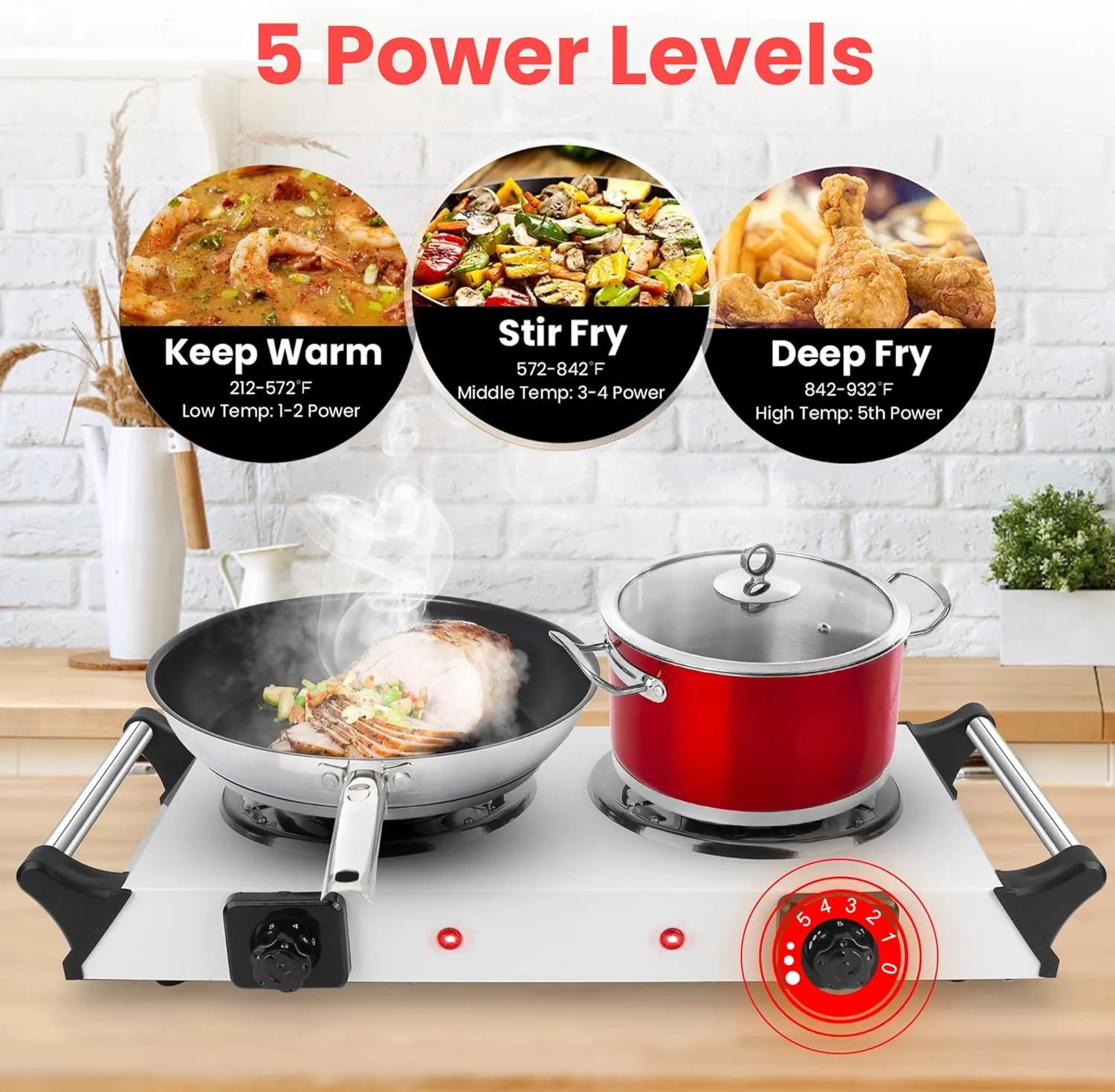 Moclever Hot Plate Electric Stove, 2000W Portable Cooking Stove w/Cooling Handle, 5 Levels of Adjustable Temperature, Countertop Burners Dual Coil Burner for Home RV Camping, Fits All Cookware