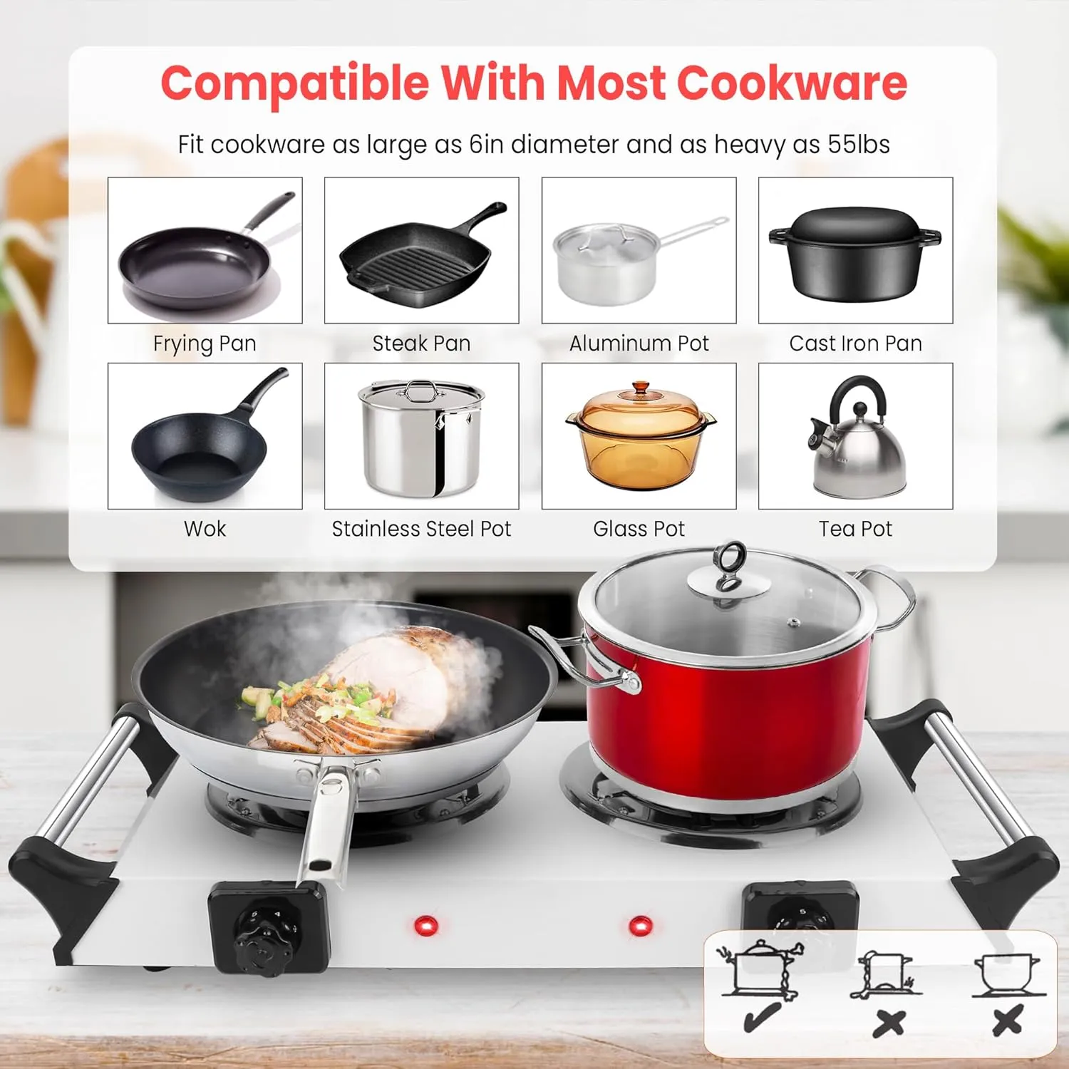 Moclever Hot Plate Electric Stove, 2000W Portable Cooking Stove w/Cooling Handle, 5 Levels of Adjustable Temperature, Countertop Burners Dual Coil Burner for Home RV Camping, Fits All Cookware