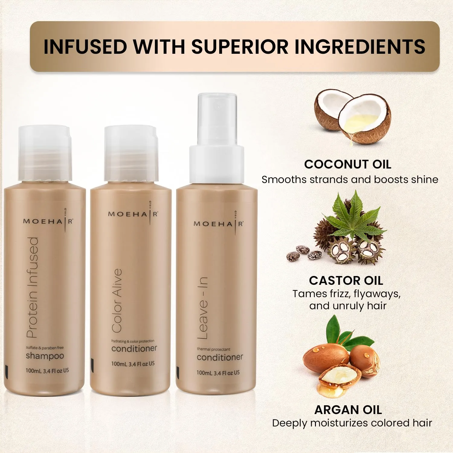 MOEHAIR Travel Trio Set: Protein Infused Shampoo, Color Alive Conditioner, and Leave-in Conditioner - Hair Strengthening and Moisturizing (3.4 Fl Oz Each)