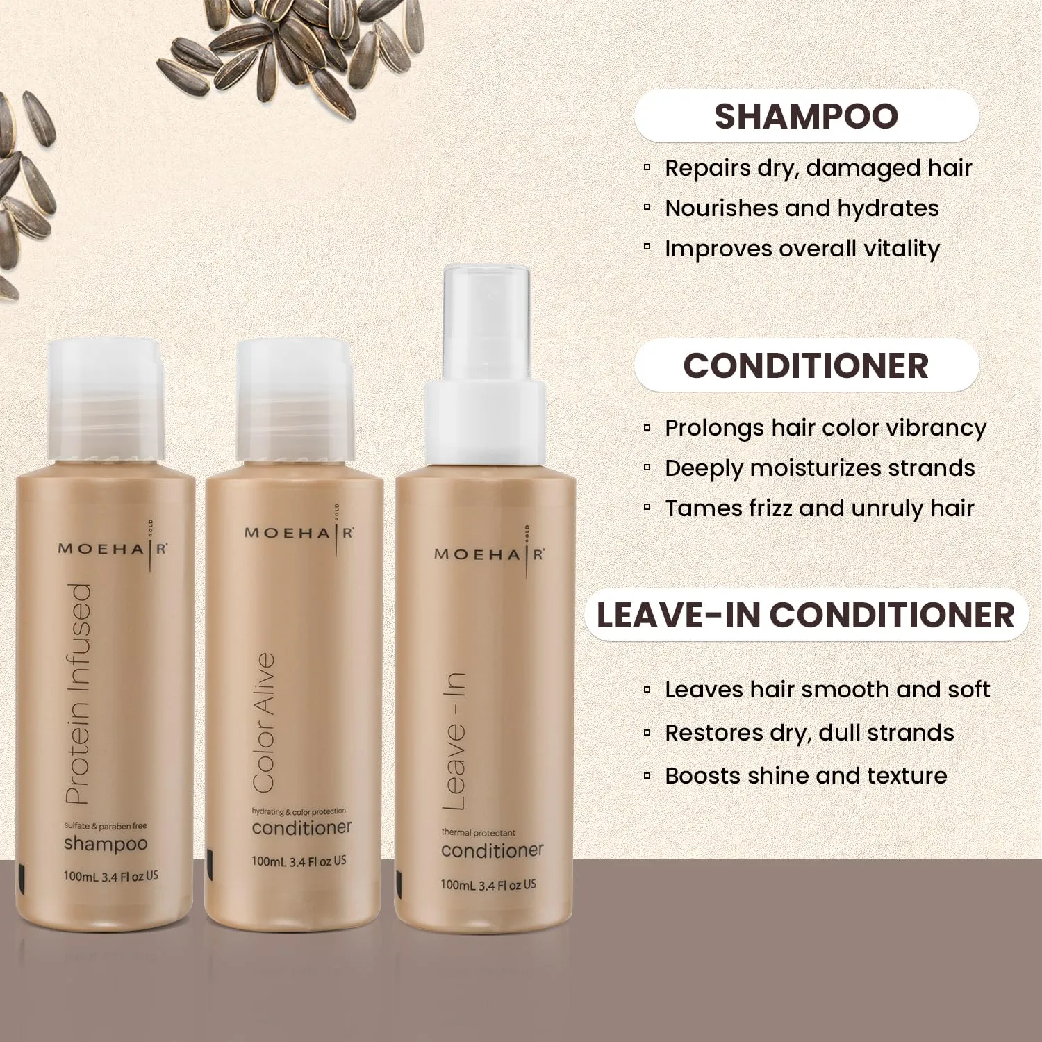 MOEHAIR Travel Trio Set: Protein Infused Shampoo, Color Alive Conditioner, and Leave-in Conditioner - Hair Strengthening and Moisturizing (3.4 Fl Oz Each)