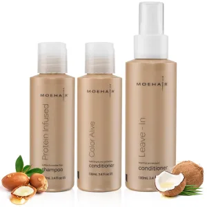 MOEHAIR Travel Trio Set: Protein Infused Shampoo, Color Alive Conditioner, and Leave-in Conditioner - Hair Strengthening and Moisturizing (3.4 Fl Oz Each)