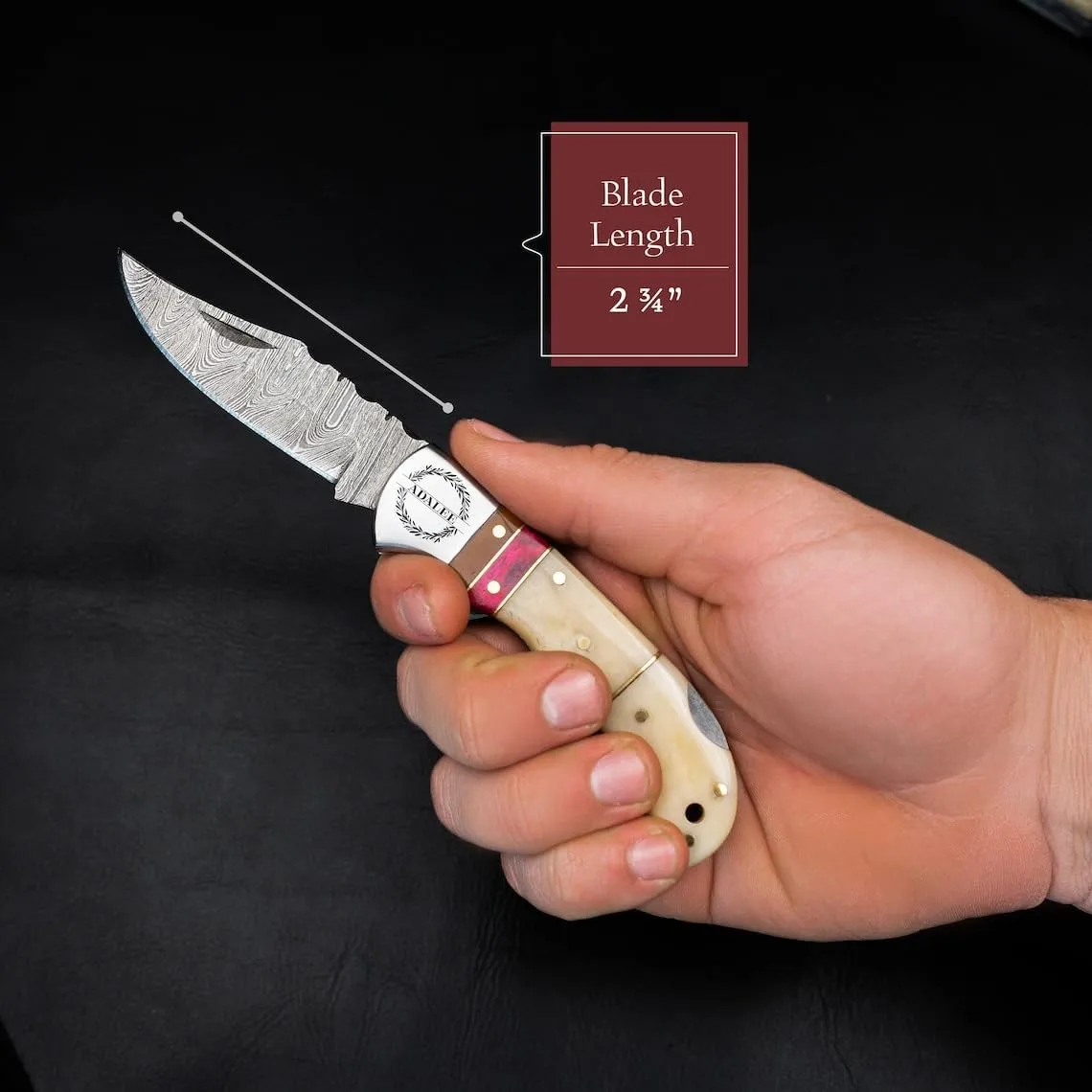 Morf Industries Camel Bone Damascus Steel Pocket Knife for Men, Groomsmen Gifts Folding Blade Knives For him, Custom Handmade - 6.5" Knife