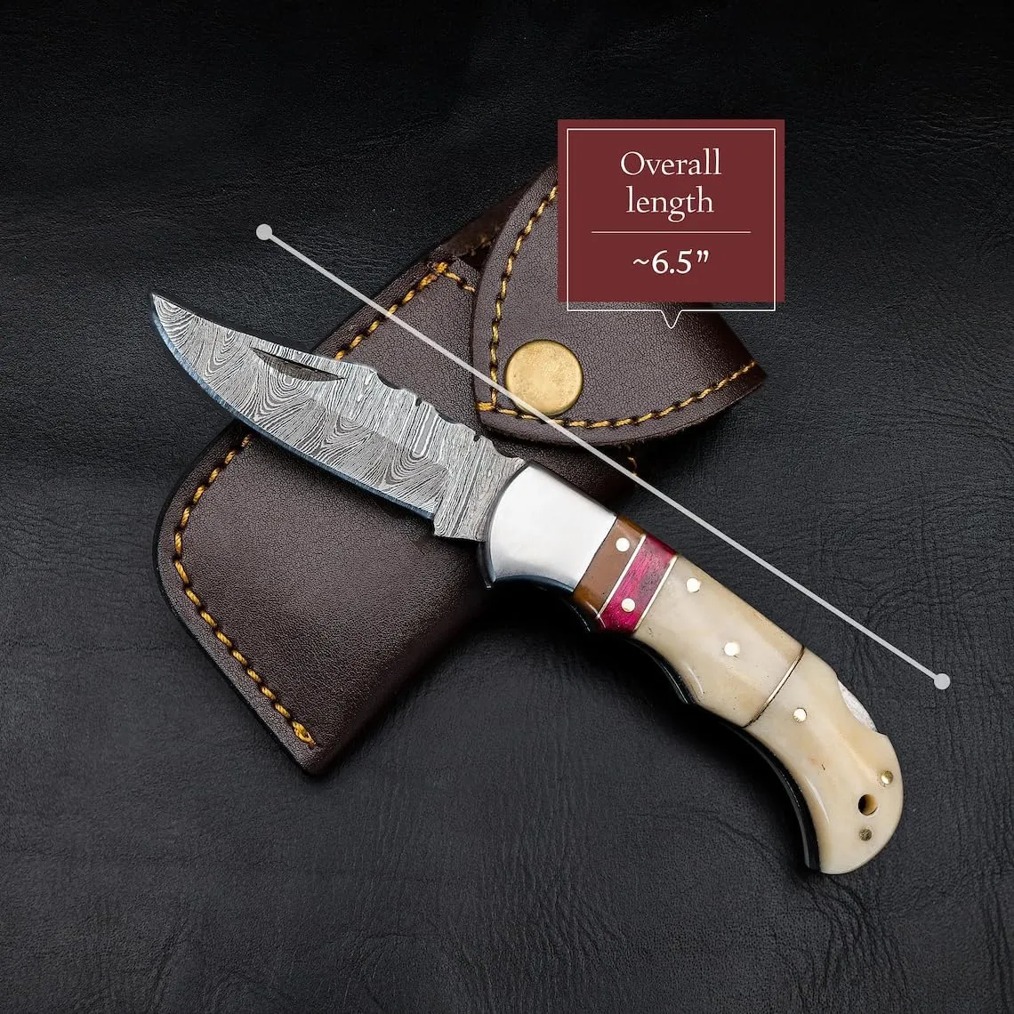 Morf Industries Camel Bone Damascus Steel Pocket Knife for Men, Groomsmen Gifts Folding Blade Knives For him, Custom Handmade - 6.5" Knife