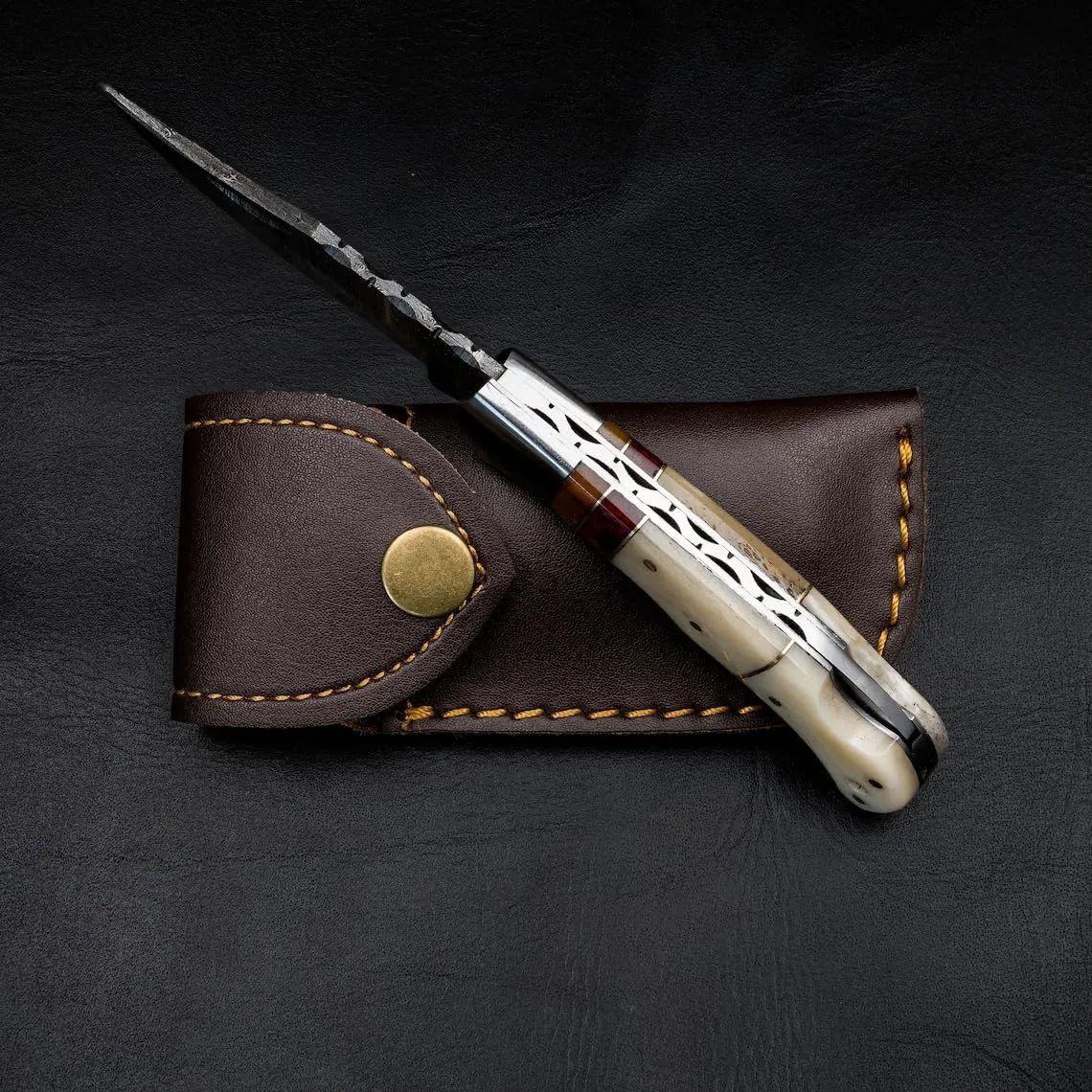 Morf Industries Camel Bone Damascus Steel Pocket Knife for Men, Groomsmen Gifts Folding Blade Knives For him, Custom Handmade - 6.5" Knife