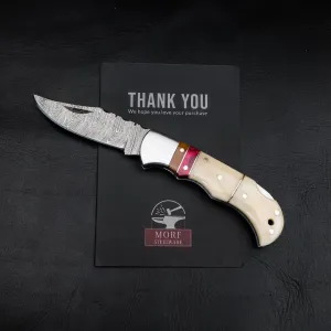 Morf Industries Camel Bone Damascus Steel Pocket Knife for Men, Groomsmen Gifts Folding Blade Knives For him, Custom Handmade - 6.5" Knife