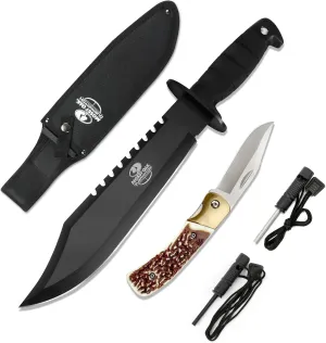 MOSSY OAK 15-inch Survival Bowie Knife & Folding Pocket Knife, Fixed Blade Hunting Knife with Sheath, Sharpener and Fire Starter Inculded, Tactical Knife for Camping, Hunting, Outdoor
