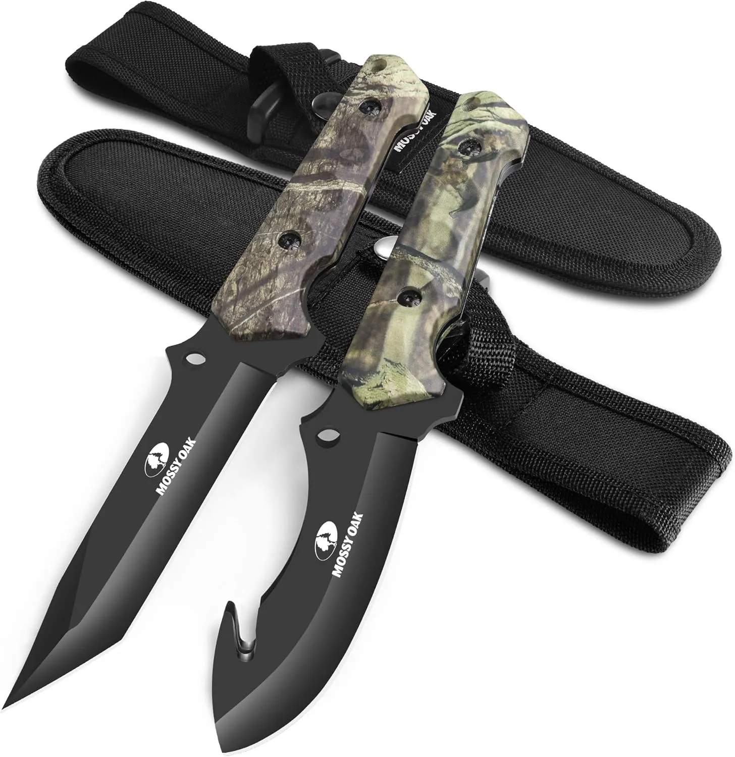 Mossy Oak Fixed Blade Hunting Knife Set - 2 Piece, Full Tang Handle Straight Edge and Gut Hook Blades Game Processing Knife, Sheath Included - Green Camo