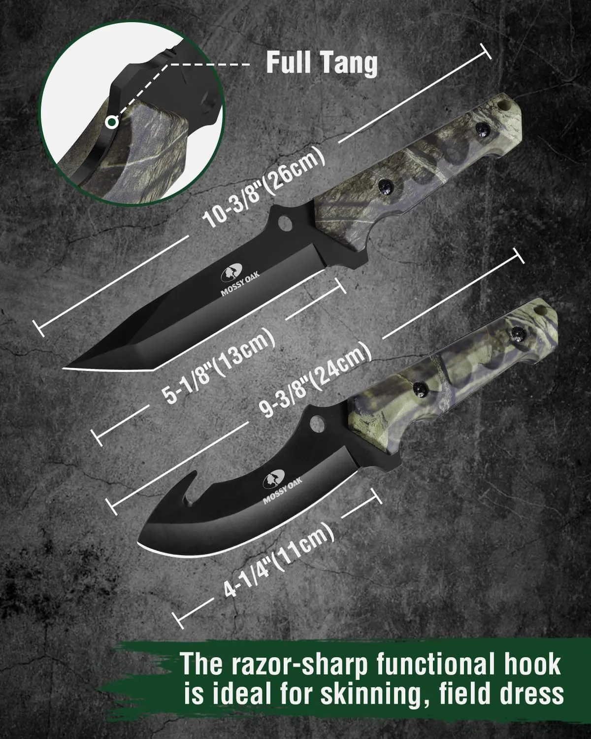 Mossy Oak Fixed Blade Hunting Knife Set - 2 Piece, Full Tang Handle Straight Edge and Gut Hook Blades Game Processing Knife, Sheath Included - Green Camo