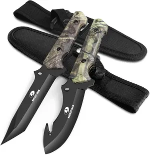 Mossy Oak Fixed Blade Hunting Knife Set - 2 Piece, Full Tang Handle Straight Edge and Gut Hook Blades Game Processing Knife, Sheath Included - Green Camo