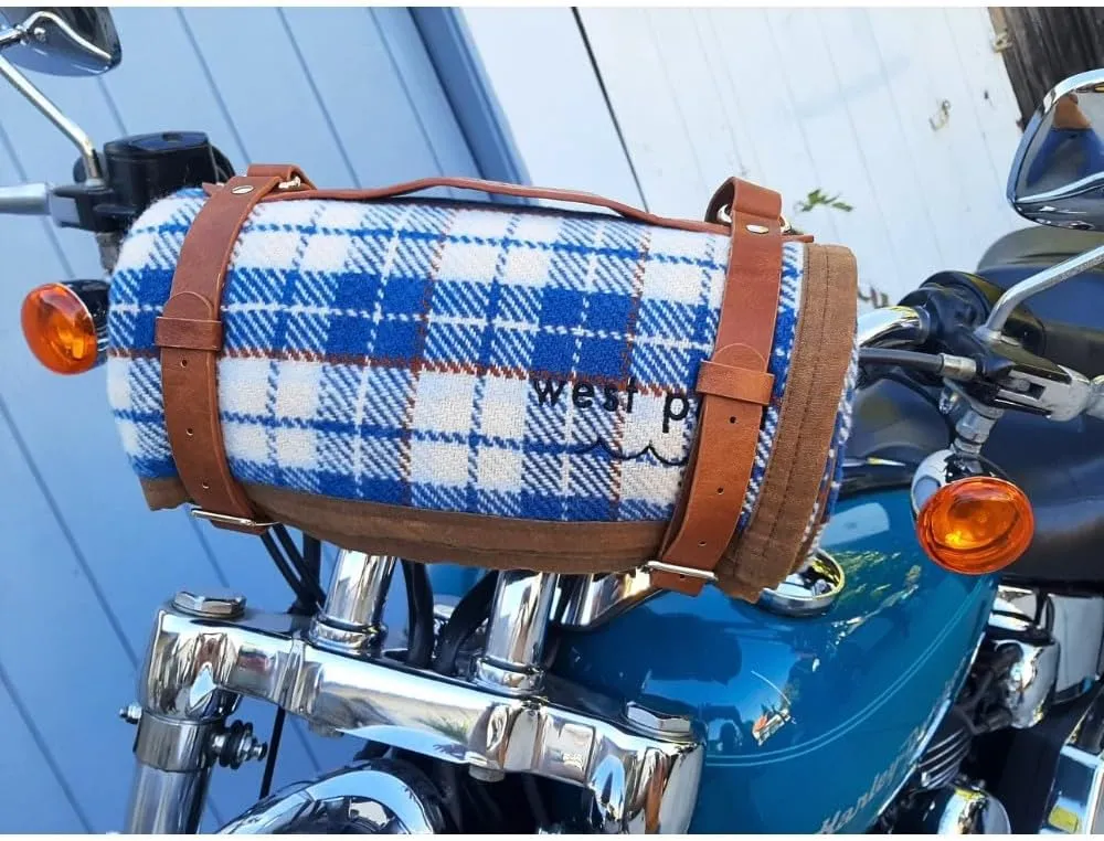 Motorcycle/Cowboy Bedroll - Waxed Canvas Blanket with Vegan Leather Strap - Pack/Blanket Roll with Waterproof Backing and Carrier (Blue/White Wool w/Strap)