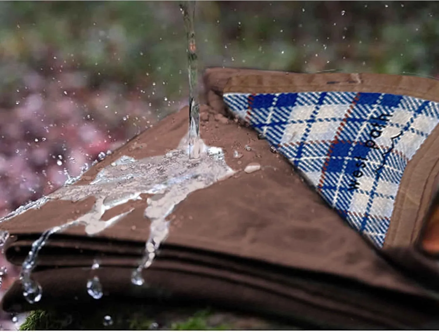 Motorcycle/Cowboy Bedroll - Waxed Canvas Blanket with Vegan Leather Strap - Pack/Blanket Roll with Waterproof Backing and Carrier (Blue/White Wool w/Strap)