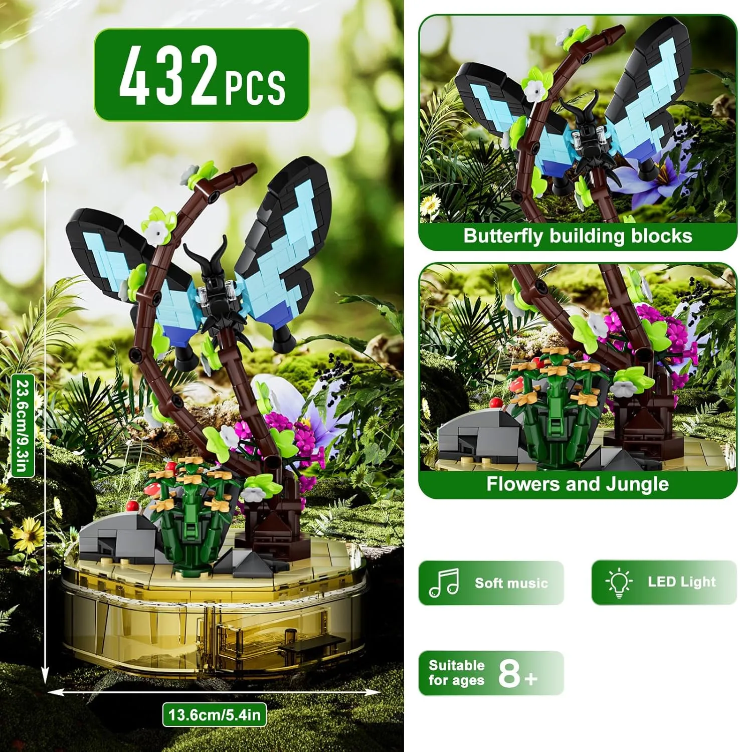 Mould King Insect Collections Butterfly Building Sets with Flower Blocks, 10103 Butterfly Kits for Adults and Kid Boys Girls 8 9 10, 432 Pieces Natural Style STEM Toy Music Box with Lights