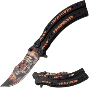 MTech USA - Spring Assisted Folding Knife - Eye of the Tiger - Stainless Steel Blade w/ Embossed Printed Tiger Design, Black Aluminum Tiger Striped Handle, Pocket Clip, Liner Lock - EDC – MT-A1122TG