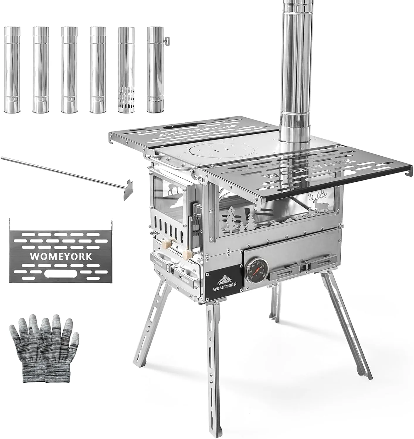 Multi-Fuel Camp Stove with Baking Oven & Steel Chimney Pipe – Portable Tent Stove for Outdoor Shelter Heating, Cooking, and Wilderness Survival(Silvery)