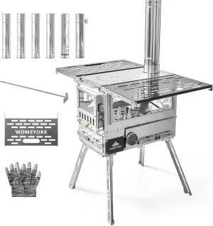 Multi-Fuel Camp Stove with Baking Oven & Steel Chimney Pipe – Portable Tent Stove for Outdoor Shelter Heating, Cooking, and Wilderness Survival(Silvery)