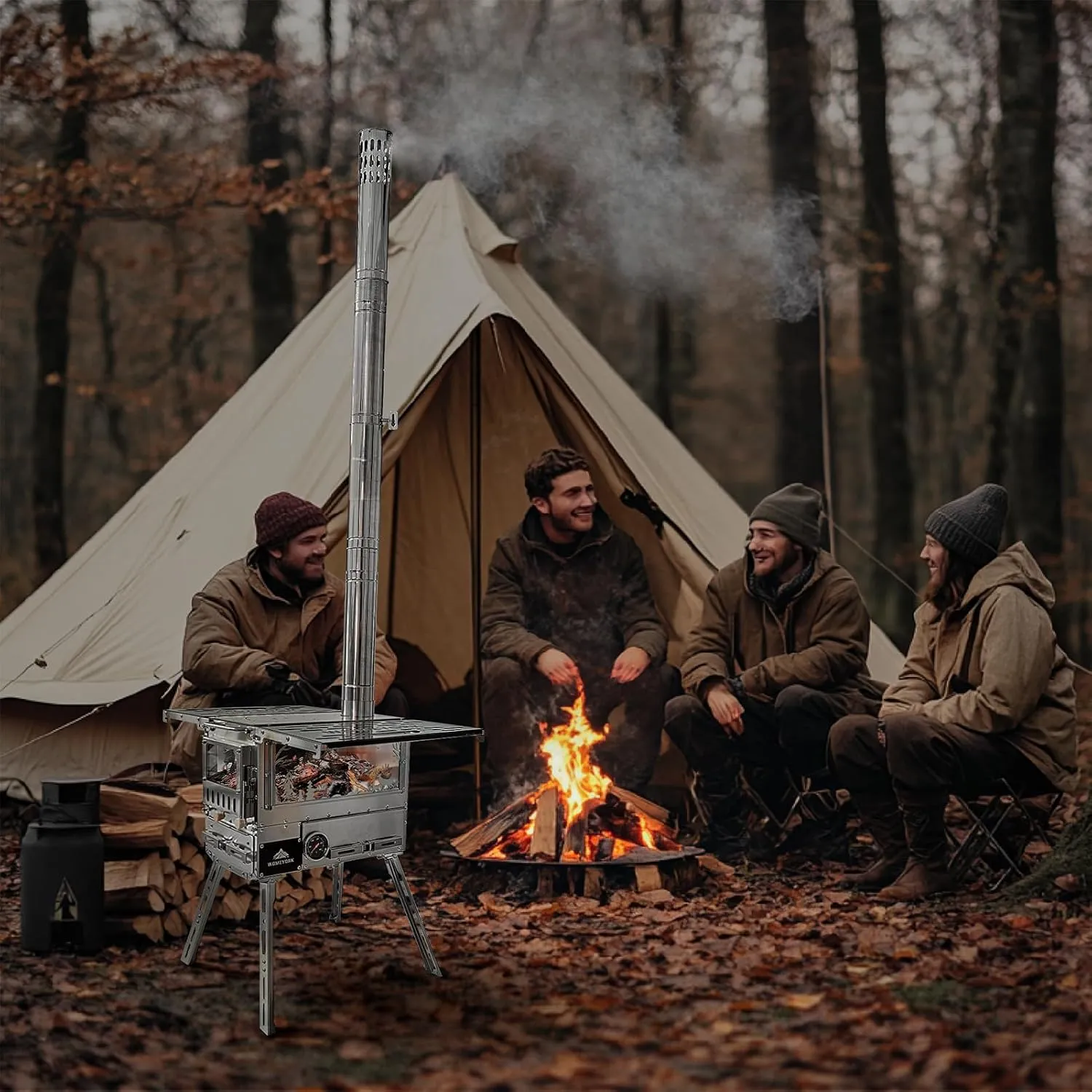 Multi-Fuel Camp Stove with Baking Oven & Steel Chimney Pipe – Portable Tent Stove for Outdoor Shelter Heating, Cooking, and Wilderness Survival(Silvery)