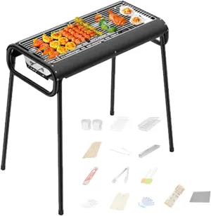 Multifunctional Outdoor Grill,Drawer Type Add Charcoal,Arched Structure,with Grill and Frying Pan,3 Storage Space,28.74 * 14.57in,for Backyard Camping, Patio Parties, and Picnics,Kit1