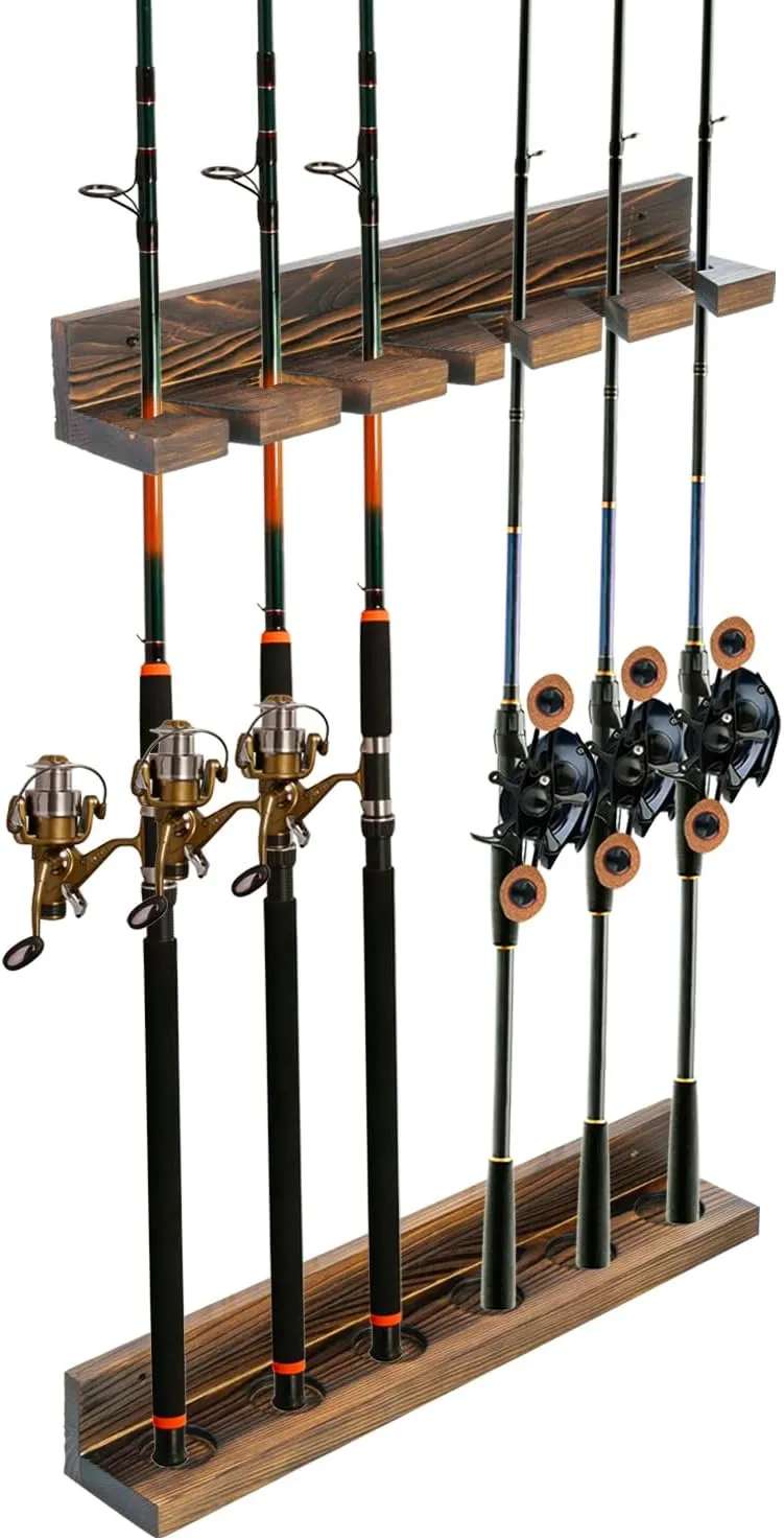 MyGift Wall Mounted Rustic Solid Wood Fishing Pole Hanger, Adjustable Vertical Hanging Garage Storage Fisherman Gear Rack Holds 6 Rods
