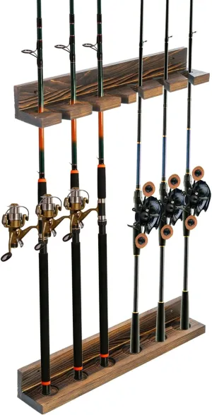 MyGift Wall Mounted Rustic Solid Wood Fishing Pole Hanger, Adjustable Vertical Hanging Garage Storage Fisherman Gear Rack Holds 6 Rods