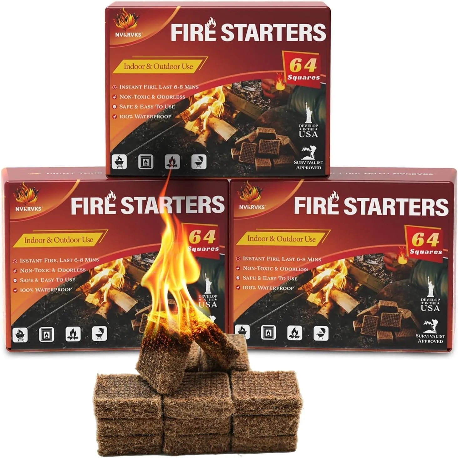 Natural Waterproof Fire Starter Squares: 64-Pack, Long-Lasting
