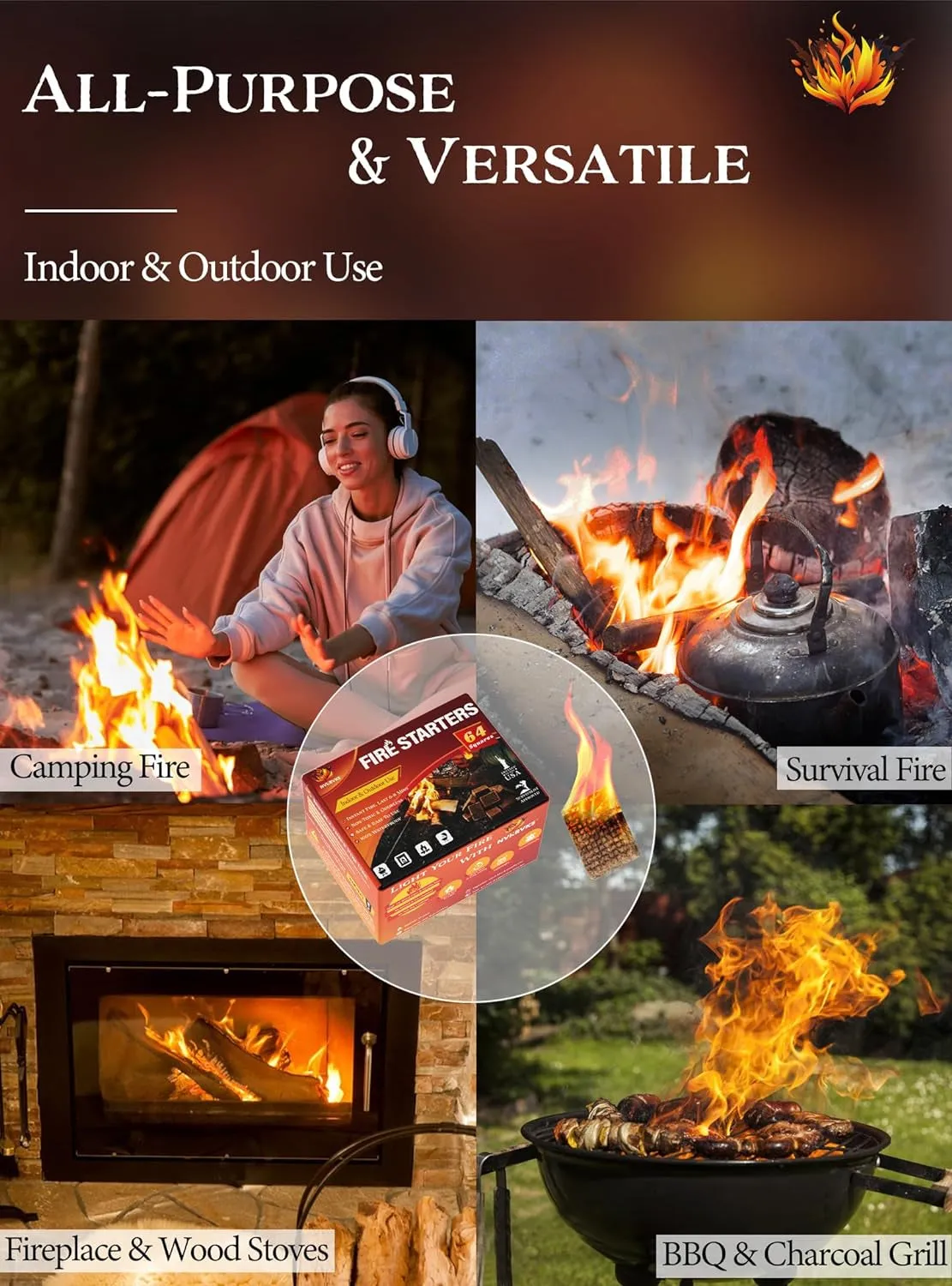 Natural Waterproof Fire Starter Squares: 64-Pack, Long-Lasting