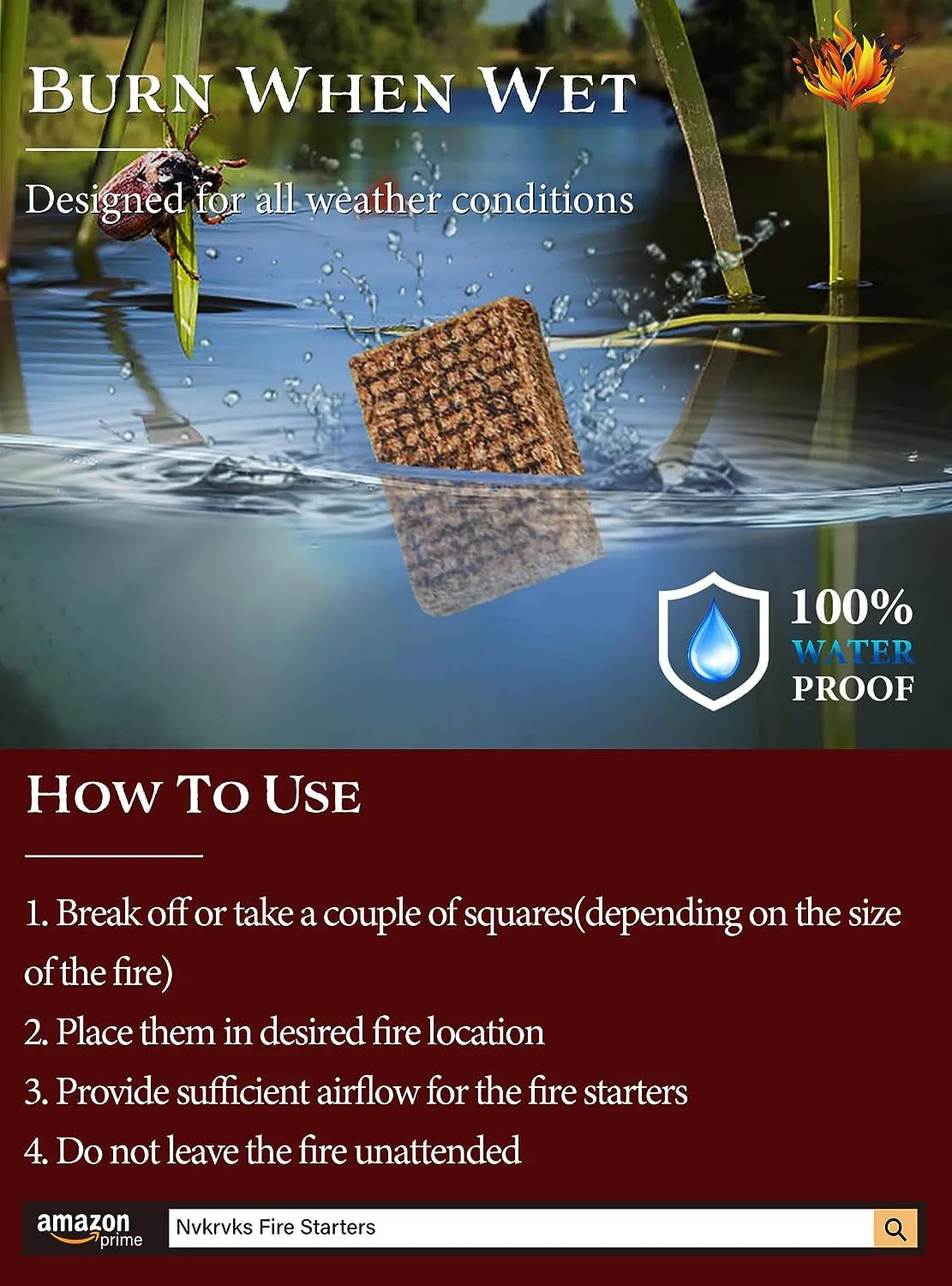 Natural Waterproof Fire Starter Squares: 64-Pack, Long-Lasting