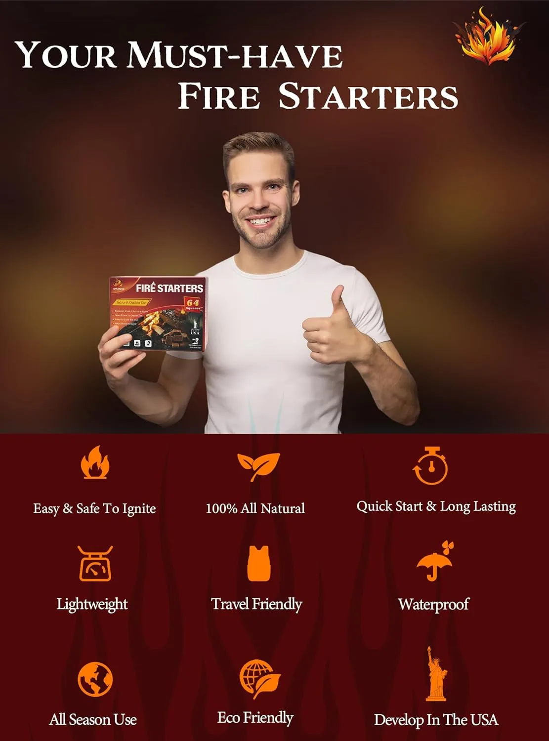 Natural Waterproof Fire Starter Squares: 64-Pack, Long-Lasting