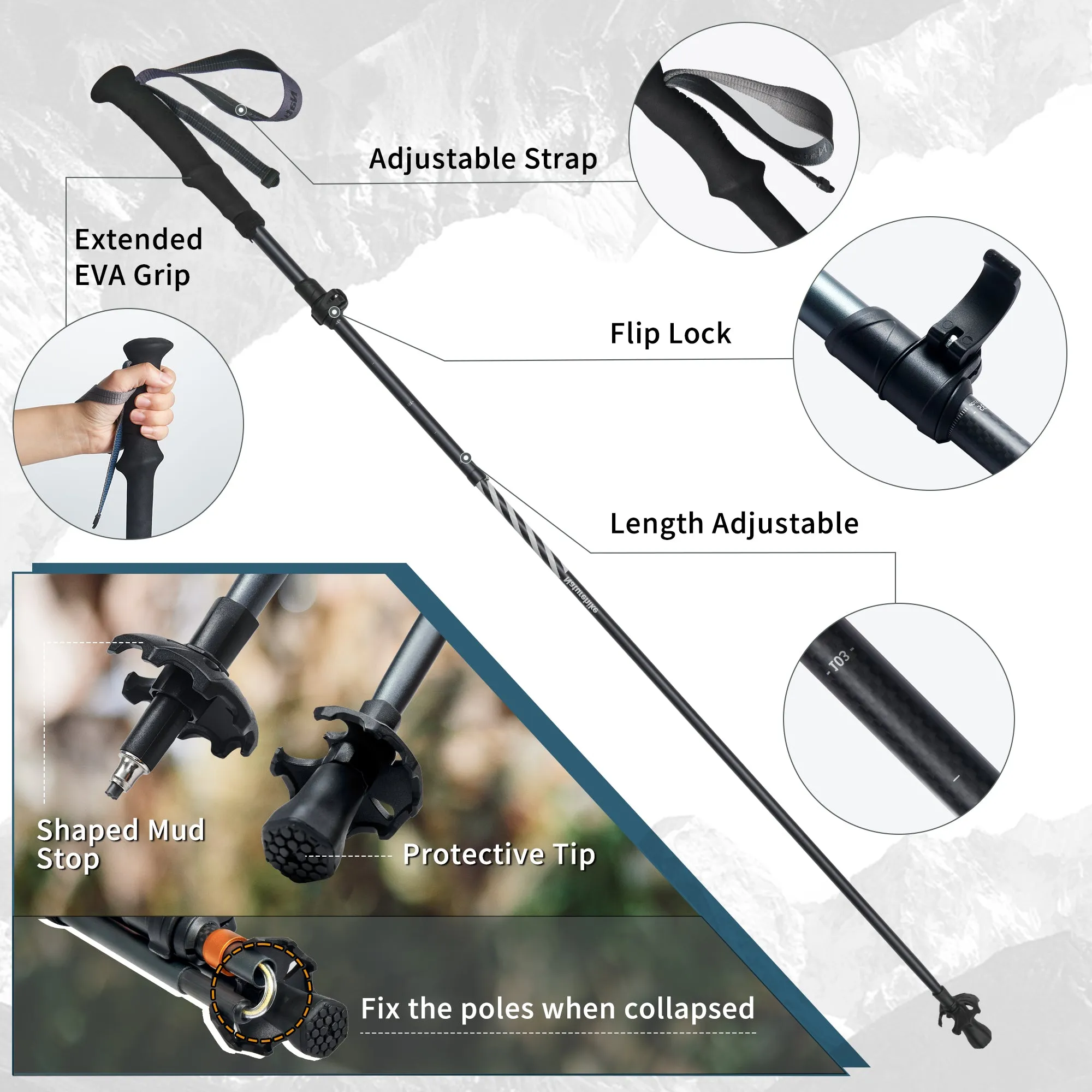 Naturehike Trekking Poles – 2 Packs (234g*2) Ultralight & Compact & Portable Walking Sticks, with Extend EVA Grips, Quick Locks, Collapsible Walking Poles for Hiking, Climbing