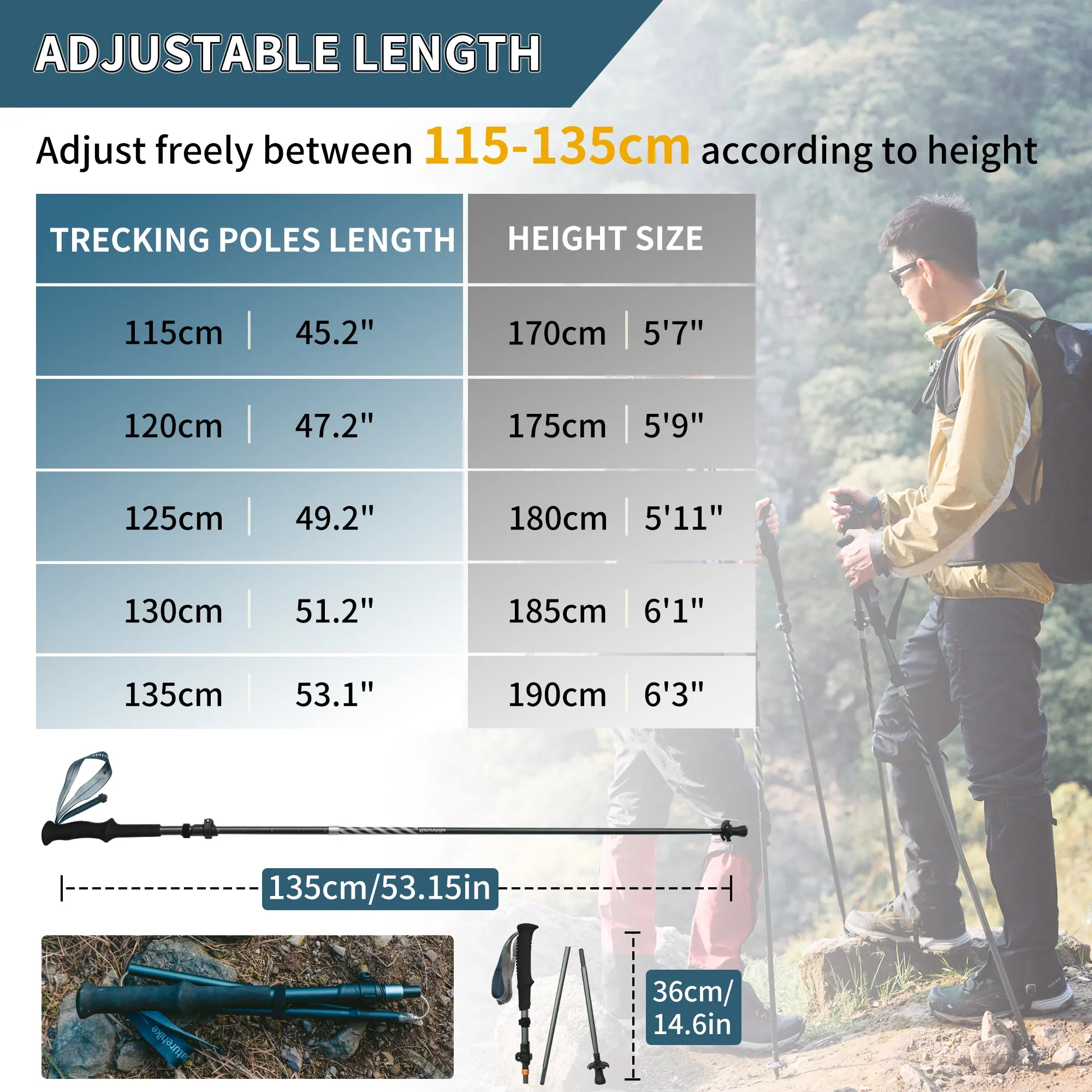 Naturehike Trekking Poles – 2 Packs (234g*2) Ultralight & Compact & Portable Walking Sticks, with Extend EVA Grips, Quick Locks, Collapsible Walking Poles for Hiking, Climbing