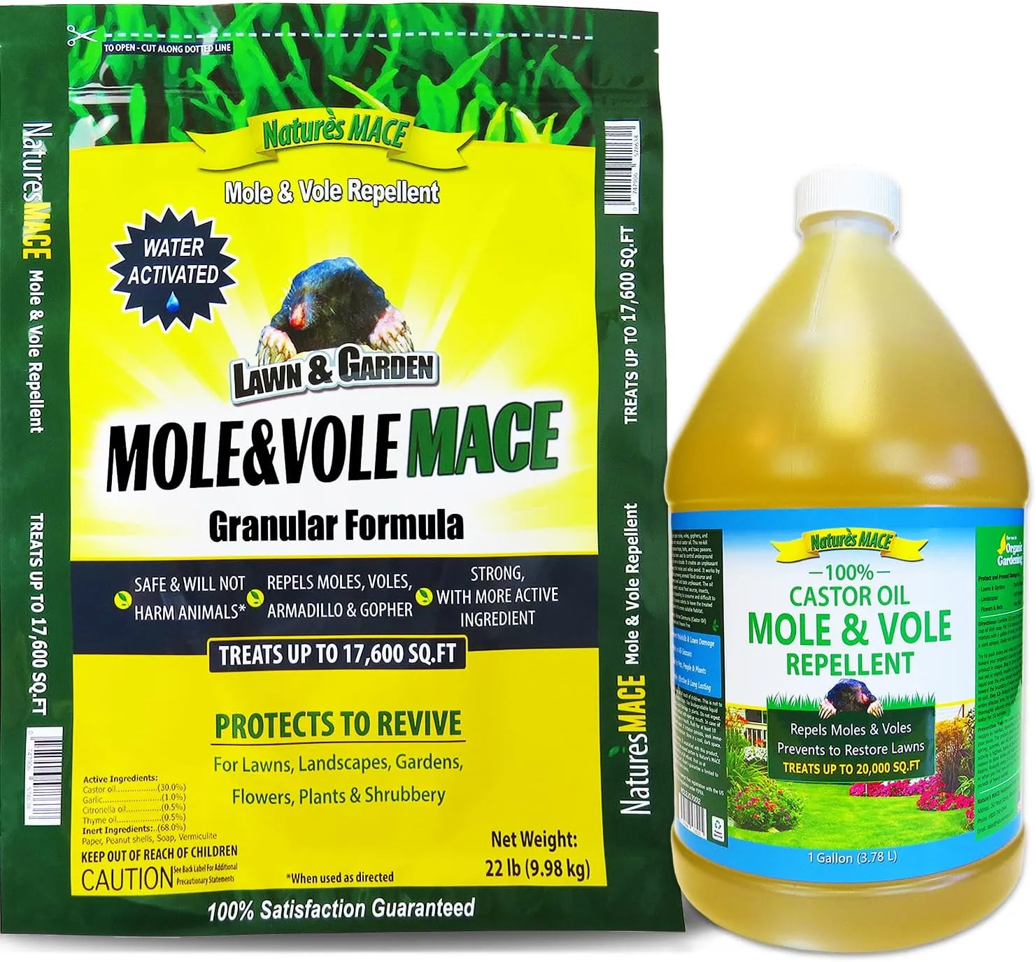 Nature's MACE Mole and Vole MACE 22lb. Granular Bag Plus 1 Gallon Pure Castor Oil - Mole and Vole Repellent Kit