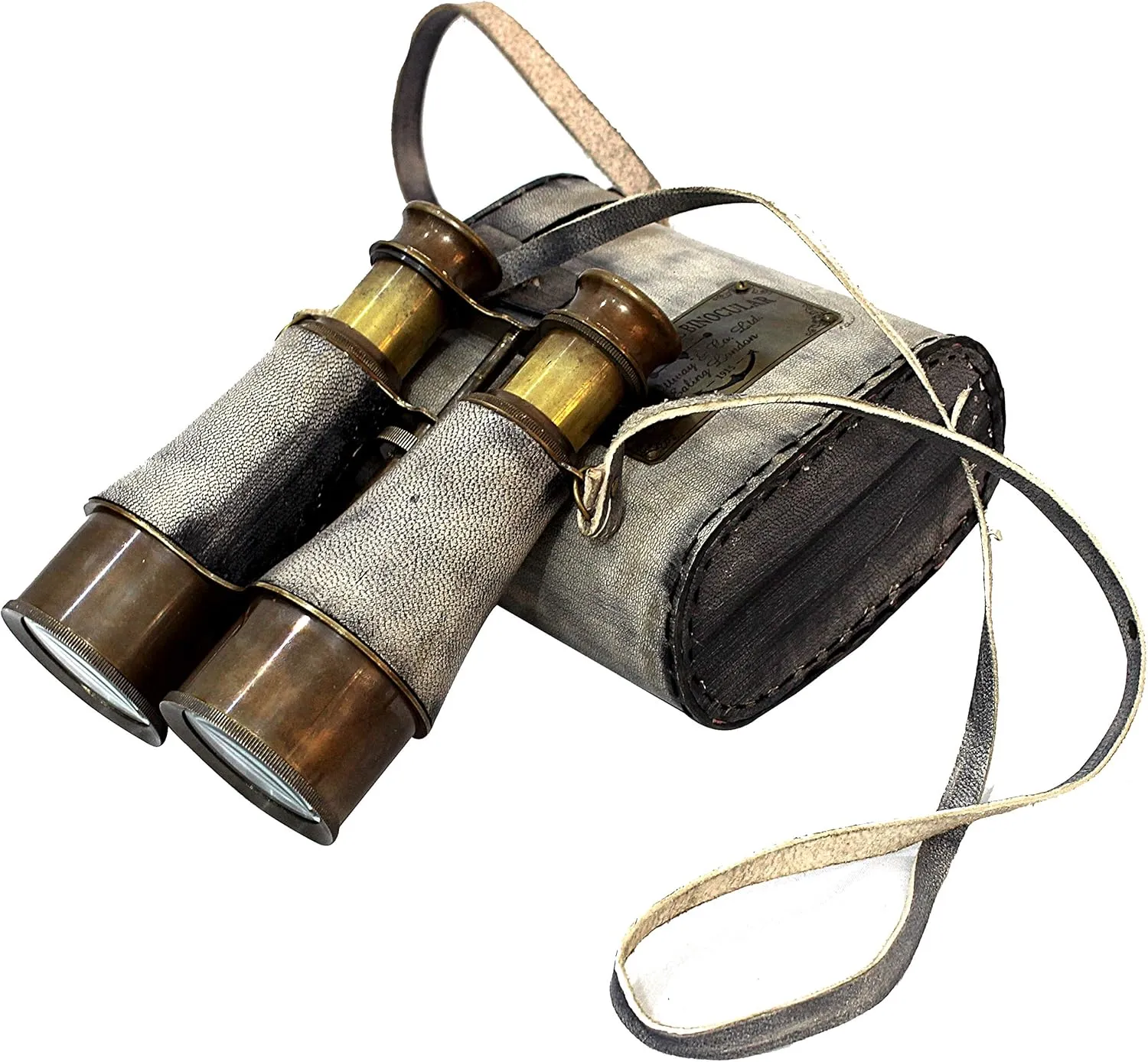 Nautical Pirate's Spotting Scope Brass Binocular with Leather Case Brass Sailor Instrument London 1915 Gray Telescopes Victorian Marine 7"