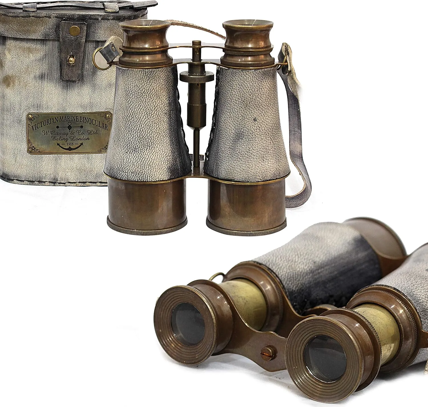 Nautical Pirate's Spotting Scope Brass Binocular with Leather Case Brass Sailor Instrument London 1915 Gray Telescopes Victorian Marine 7"