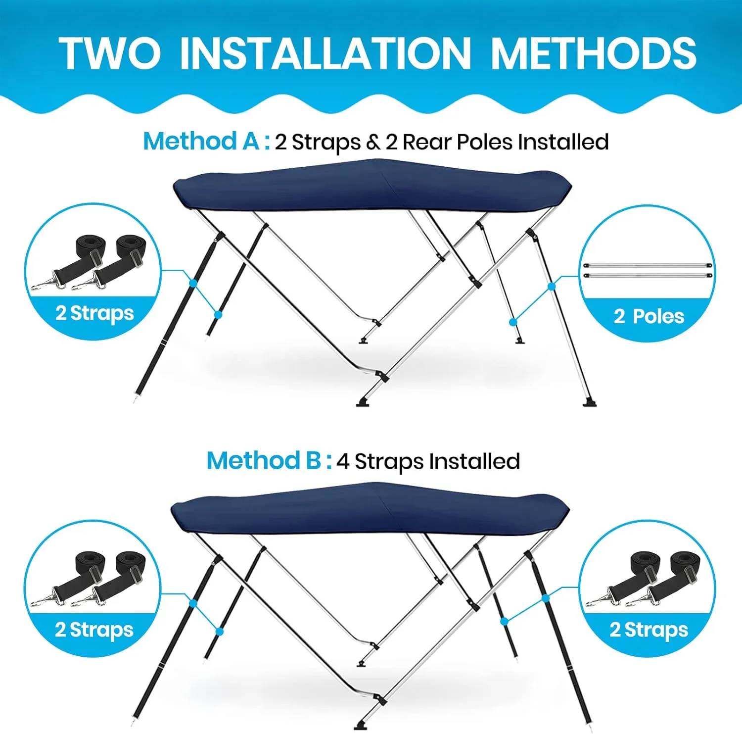 Naviskin 10 Optional Colors Available 3-4 Bow 13 Different Size Bimini Top Cover Includes Mounting Hardwares,Storage Boot with 1 Inch Aluminum Frame