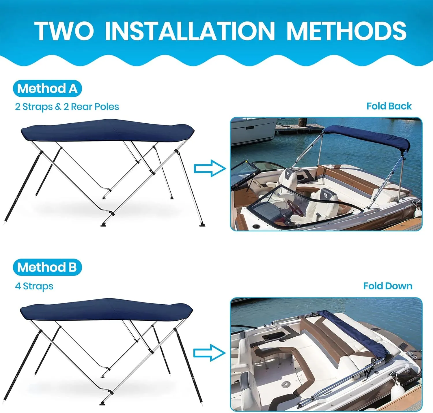 Naviskin 10 Optional Colors Available 3-4 Bow 13 Different Size Bimini Top Cover Includes Mounting Hardwares,Storage Boot with 1 Inch Aluminum Frame