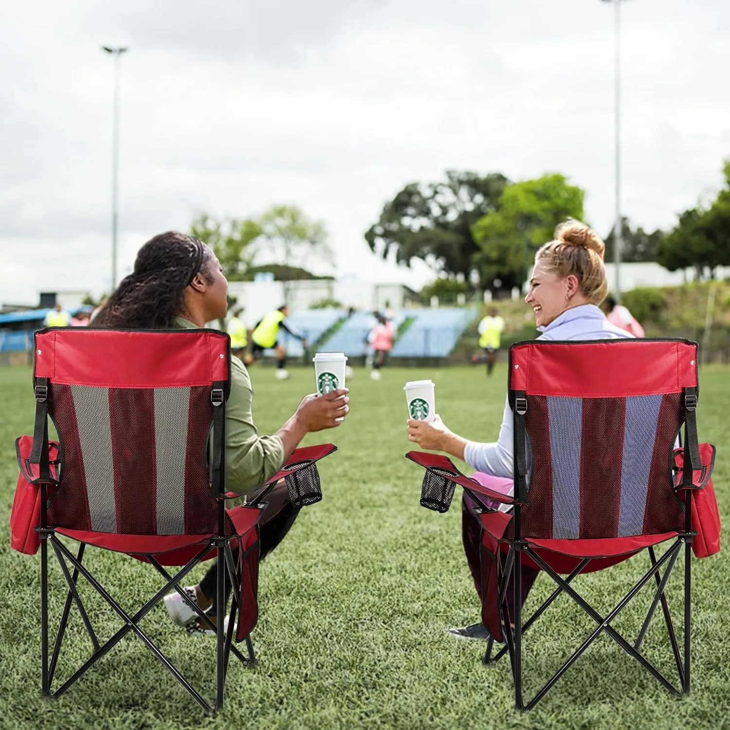 Nazhura 4 Pack Outdoor Camping Chairs Folding/Foldable/Portable with Cooler Pouch, Mesh Backrest and Cup Holder Pocket (Red, 4 Pack)
