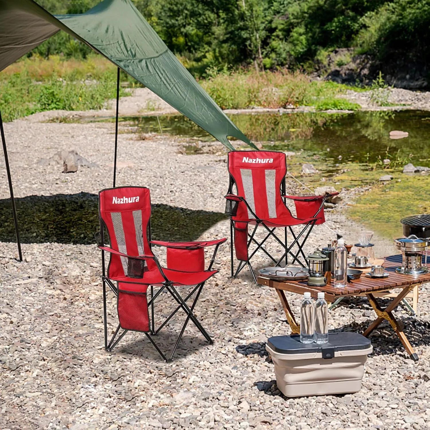 Nazhura 4 Pack Outdoor Camping Chairs Folding/Foldable/Portable with Cooler Pouch, Mesh Backrest and Cup Holder Pocket (Red, 4 Pack)