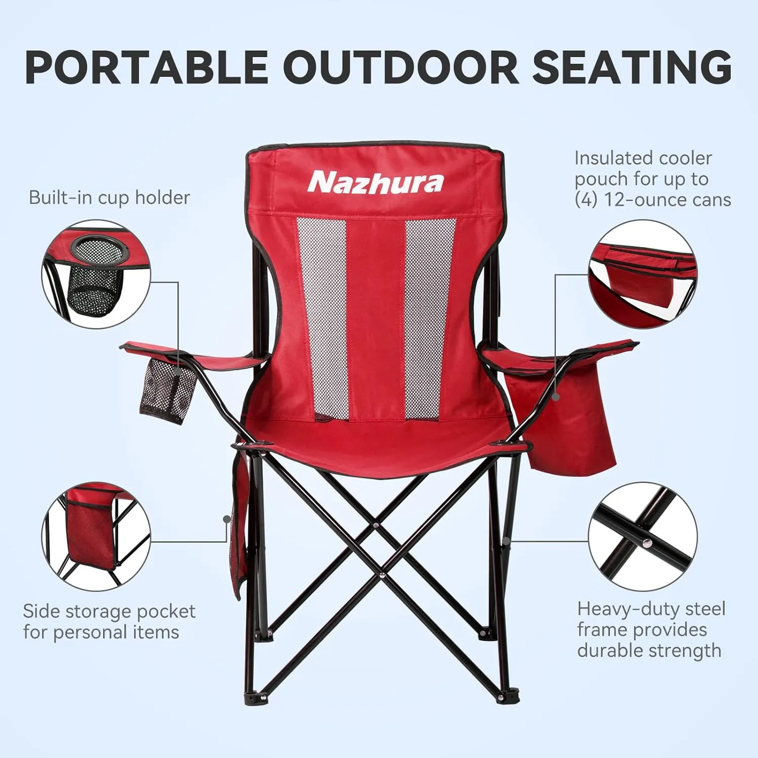 Nazhura 4 Pack Outdoor Camping Chairs Folding/Foldable/Portable with Cooler Pouch, Mesh Backrest and Cup Holder Pocket (Red, 4 Pack)