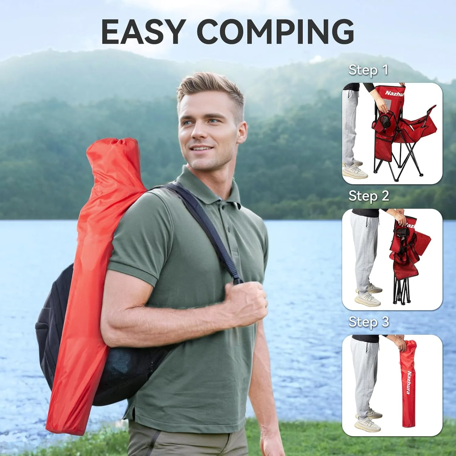 Nazhura 4 Pack Outdoor Camping Chairs Folding/Foldable/Portable with Cooler Pouch, Mesh Backrest and Cup Holder Pocket (Red, 4 Pack)