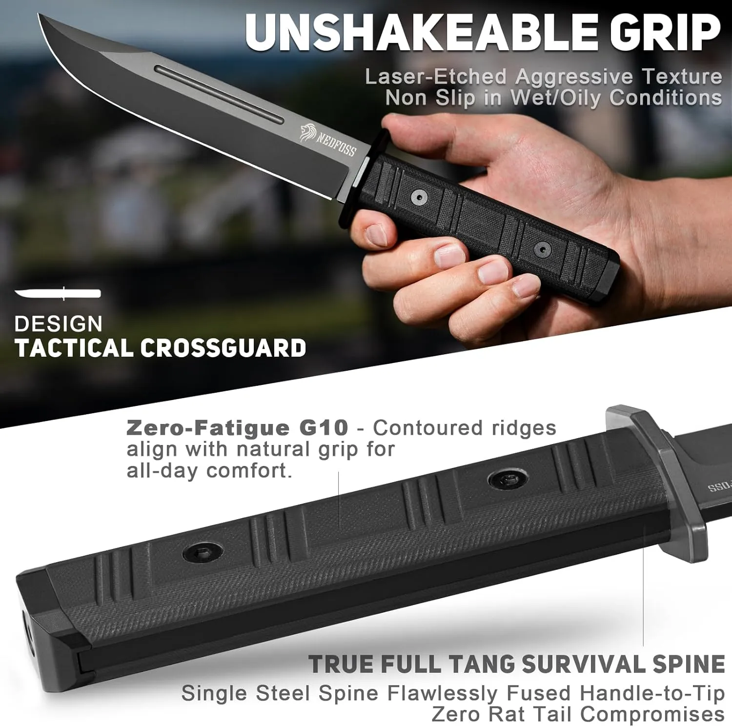NedFoss BRAVE Fixed Blade Hunting Knife, 6.8" D2 Steel Blade Full Tang Camping Knife with Kydex Sheath, Black G10 Handle, Perfect Outdoor Gifts for Men Women